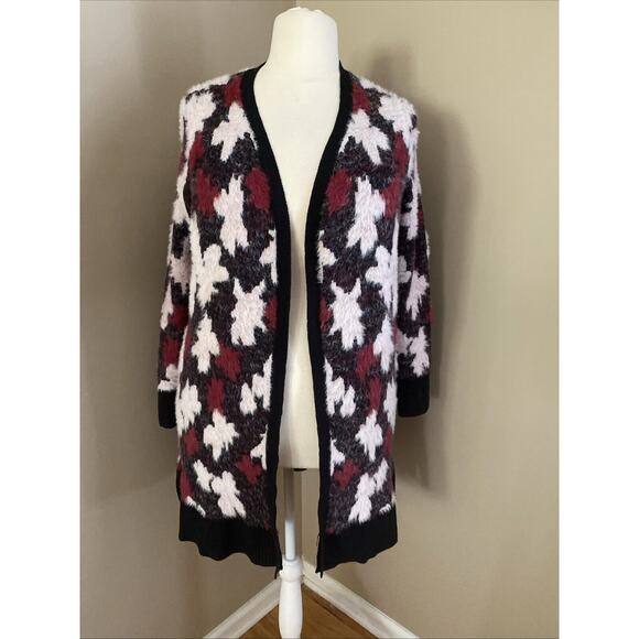 LANE BRYANT Burgundy Red Black Print long fuzzy cardigan sweater Plus Size 18/20 - Picture 1 of 11